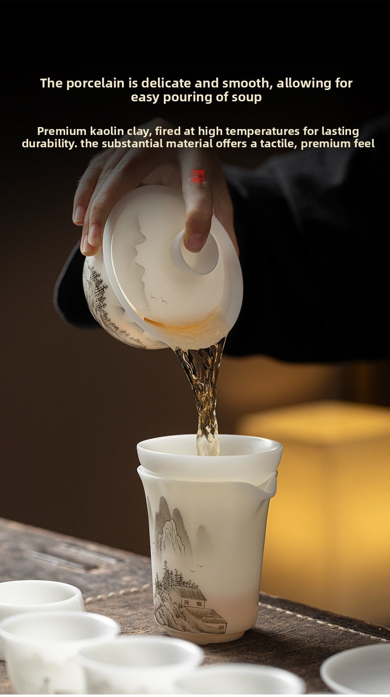 "Xishi" Style Gaiwan and Tea Set – Mutton-Fat Jade-Like Porcelain with Hand-Painted Landscape Art