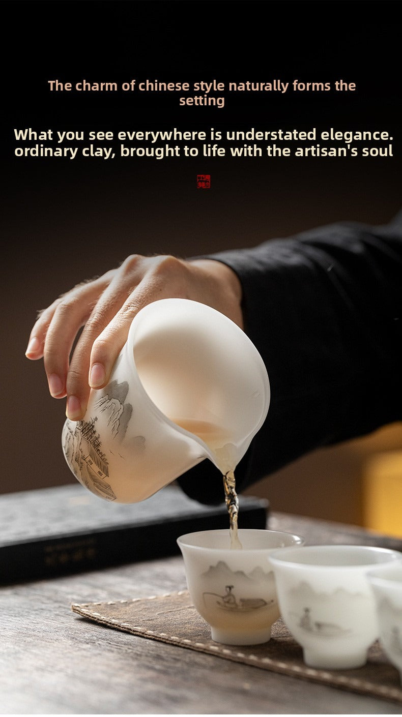 "Xishi" Style Gaiwan and Tea Set – Mutton-Fat Jade-Like Porcelain with Hand-Painted Landscape Art