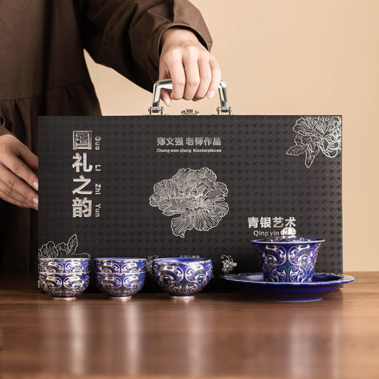 Silver-Plated Auspicious Dragon Kung Fu Tea Set – Premium, Affordable Luxury Style (Blue & Silver Finish) – Includes Gaiwan and Tea Cups – Gift Box – Ideal for Elders