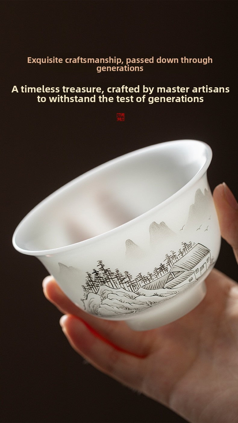 "Xishi" Style Gaiwan and Tea Set – Mutton-Fat Jade-Like Porcelain with Hand-Painted Landscape Art