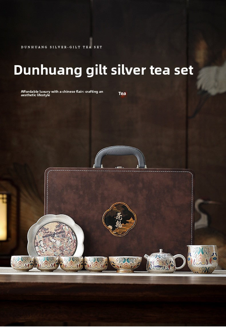 Chinese-Style "Forbidden City & Dunhuang" Themed Silver-Plated Kung Fu Tea Set – An Elegant Gift Set Featuring a Silver Pot; Ideal for Housewarmings or as a Gift for Superiors and Elders.