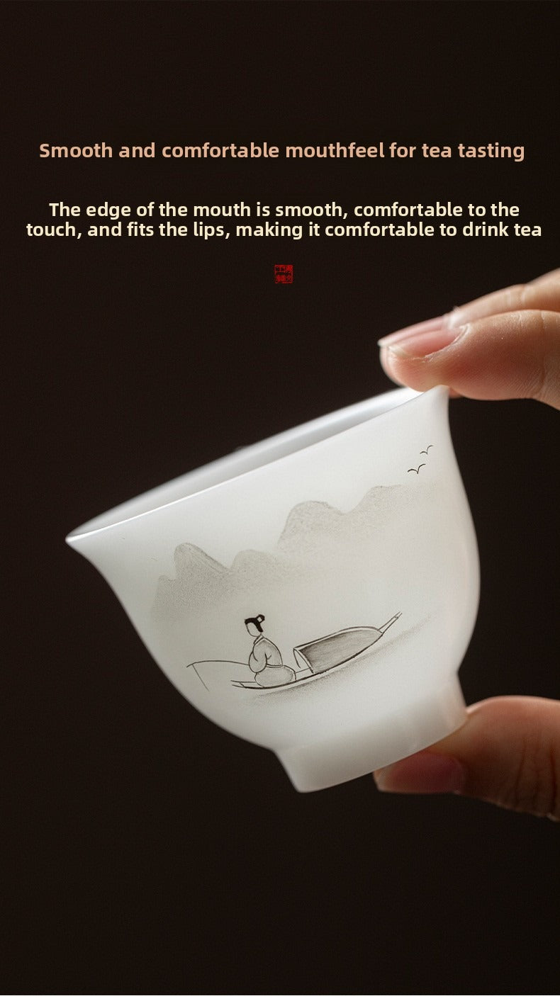 "Xishi" Style Gaiwan and Tea Set – Mutton-Fat Jade-Like Porcelain with Hand-Painted Landscape Art