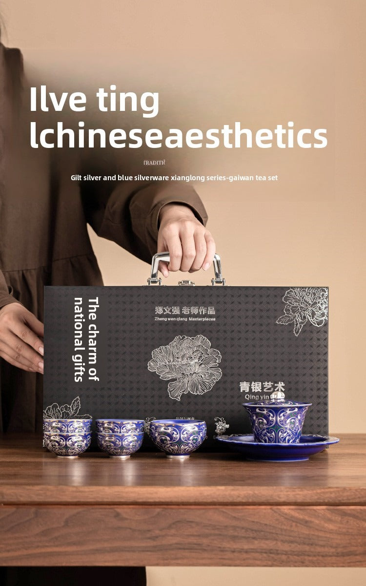 Silver-Plated Auspicious Dragon Kung Fu Tea Set – Premium, Affordable Luxury Style (Blue & Silver Finish) – Includes Gaiwan and Tea Cups – Gift Box – Ideal for Elders