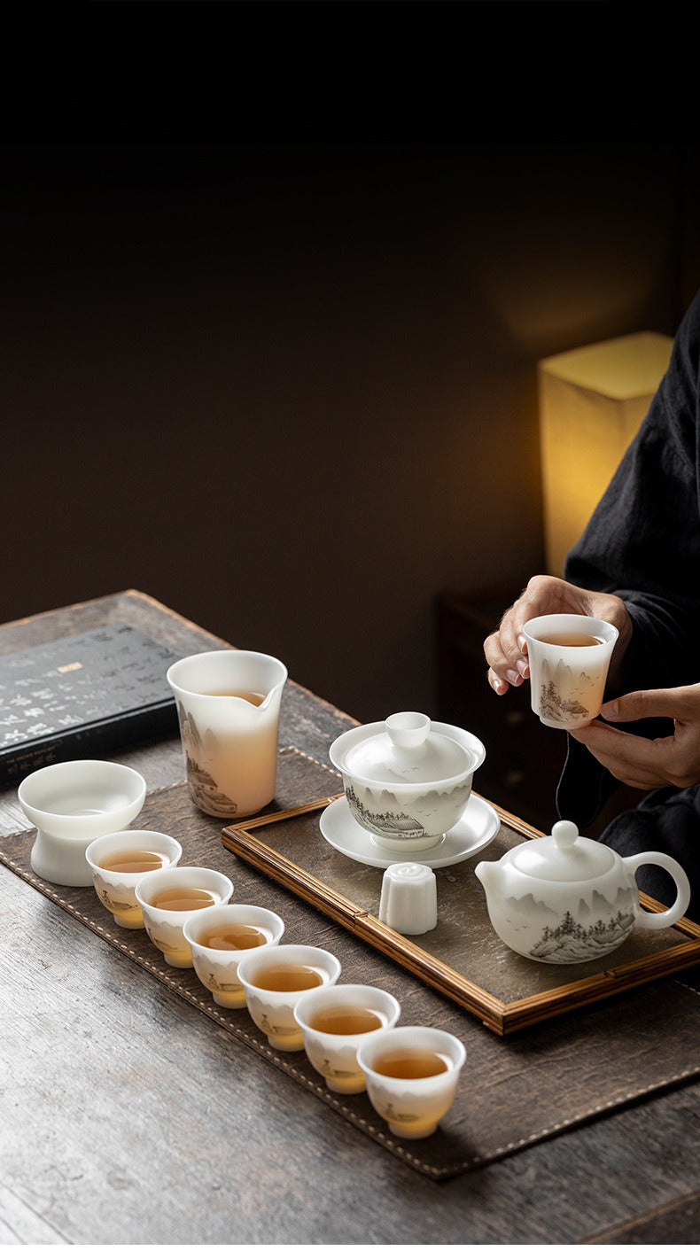 "Xishi" Style Gaiwan and Tea Set – Mutton-Fat Jade-Like Porcelain with Hand-Painted Landscape Art