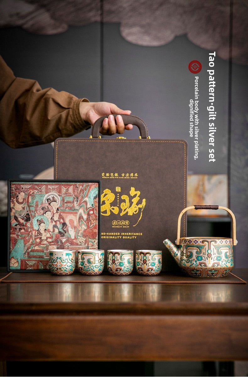 Exquisite Ceramic Gongfu Tea Set with Silver-Plated Taotie Patterns – Elegant, Practical, and Retro-Style Chinese Tea Set for Home Use