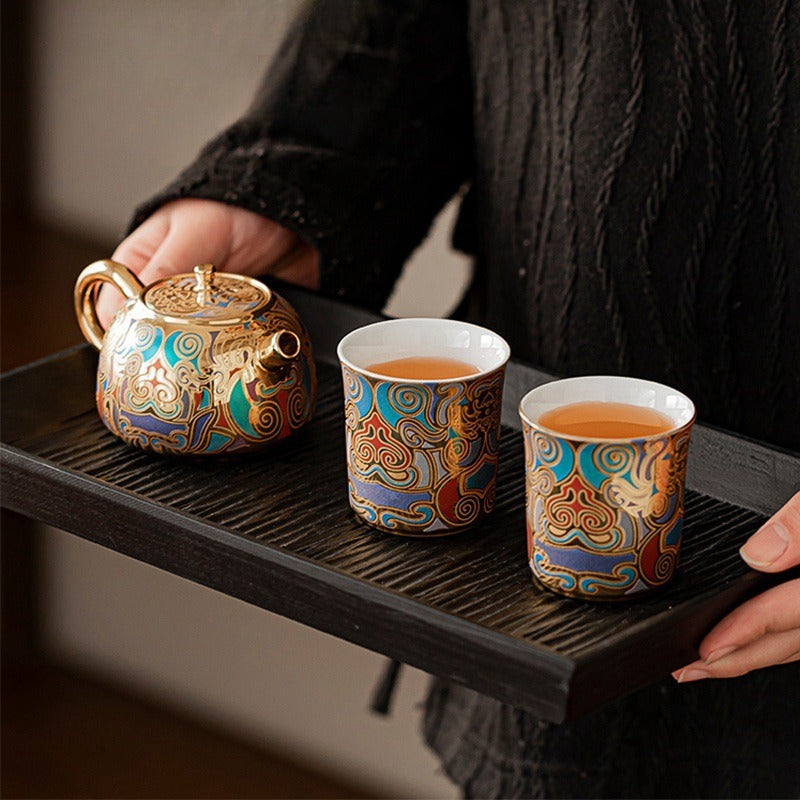 Artisan-Crafted Dunhuang-Inspired Gilded Tea Set (1 Teapot & 2 Cups) – Gift-Boxed Souvenir Set