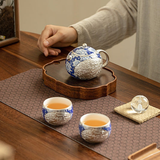 Silver-Gilt Dragon and Phoenix "Xishi" Teapot and Cups Set – Blue and White Porcelain (1 Pot, 2 Cups) – Kung Fu Tea Set / Home Tea Brewer – Gift Box