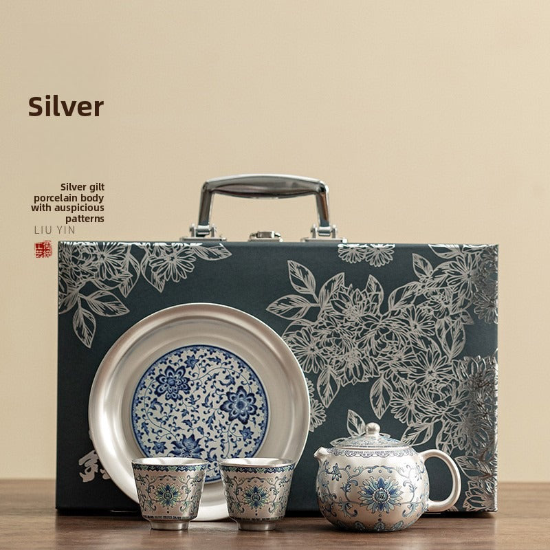 Silver-Plated Ceramic Gongfu Tea Set (1 Pot, 2 Cups) – Gift Box Set Suitable for Elders, Superiors, Fathers, and Teachers