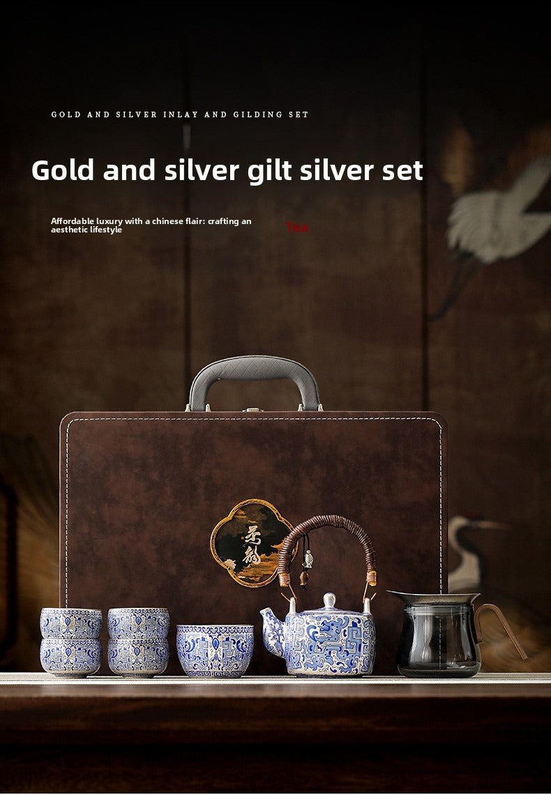 Handcrafted Blue-and-White Porcelain and Silver-Gilt Tea Set Gift Box – Premium Silver Kettle with Swing Handle – Ideal for Corporate Business Meetings and Events
