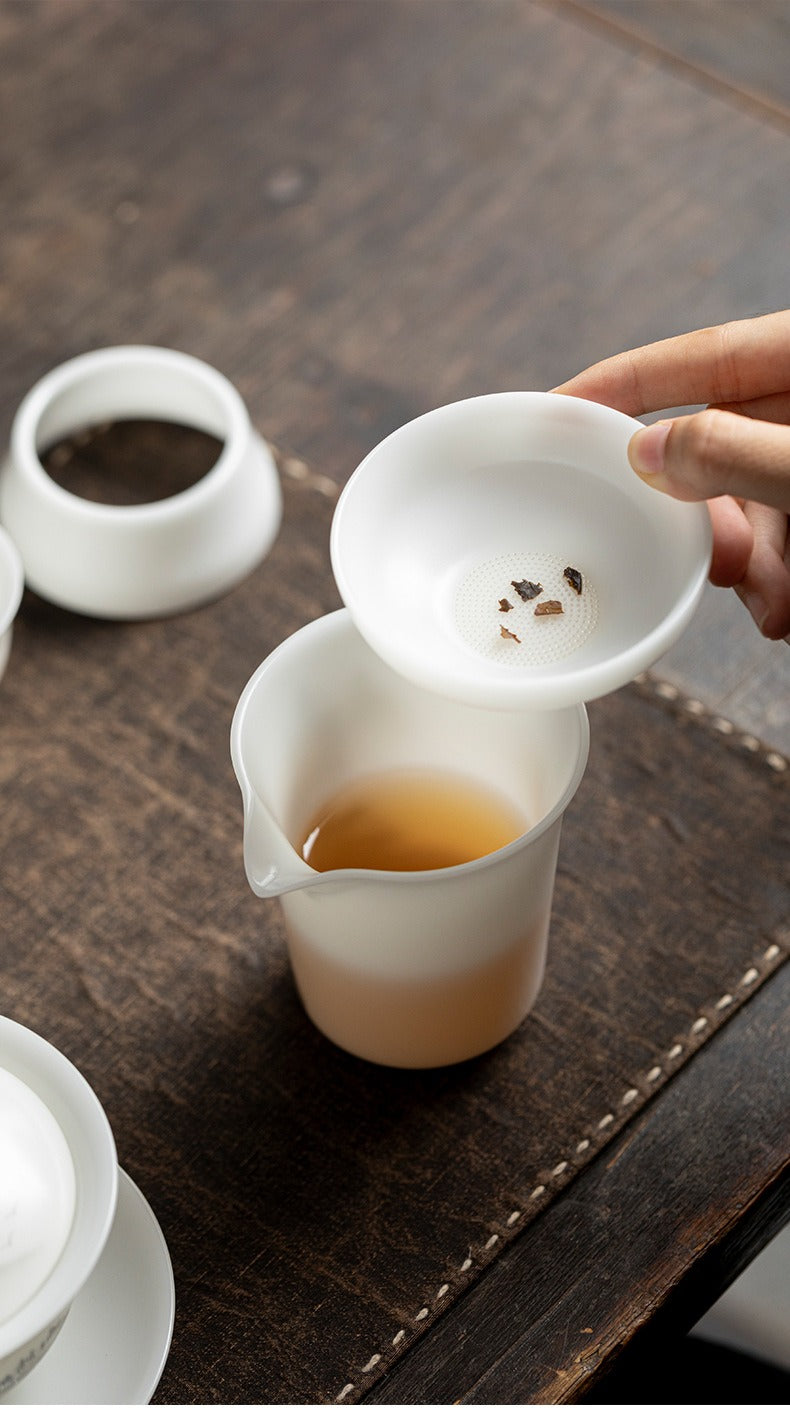 "Xishi" Style Gaiwan and Tea Set – Mutton-Fat Jade-Like Porcelain with Hand-Painted Landscape Art