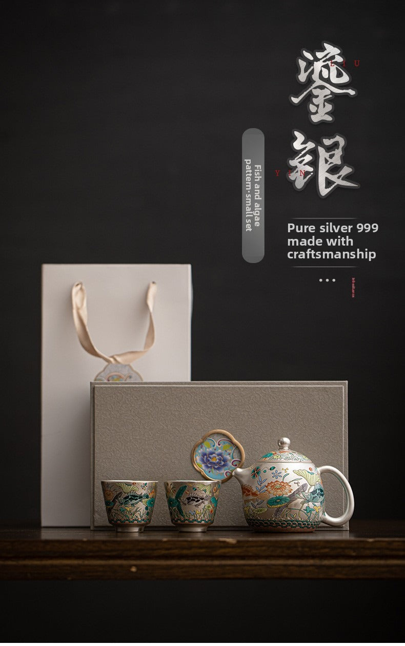 Silver-Gilt Enamel Kung Fu Tea Set (Fish and Aquatic Plant Motif) – 1 Teapot & 2 Cups – Gift Box Set for Home or Office