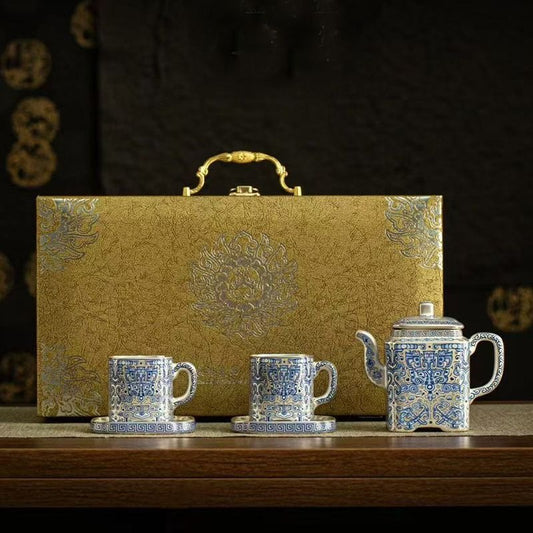 Premium Luxury Blue-and-White Tea Set (Gift Box): Square Pot with Silver-Gilt Taotie Motif and Two Cups – High-End Gongfu Tea Ware for Home Use