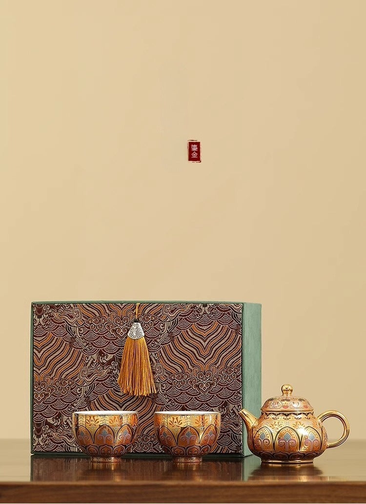 Premium Artisan-Crafted Tea Set (One Pot, Two Cups) Featuring Gilded Forbidden City & Dunhuang Cultural Motifs – Gift Box Set (Ideal Birthday Gift for Fathers or Elders)
