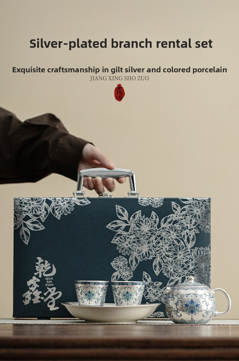 Silver-Plated Ceramic Gongfu Tea Set (1 Pot, 2 Cups) – Gift Box Set Suitable for Elders, Superiors, Fathers, and Teachers