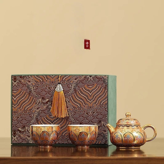 Premium Artisan-Crafted Tea Set (One Pot, Two Cups) Featuring Gilded Forbidden City & Dunhuang Cultural Motifs – Gift Box Set (Ideal Birthday Gift for Fathers or Elders)