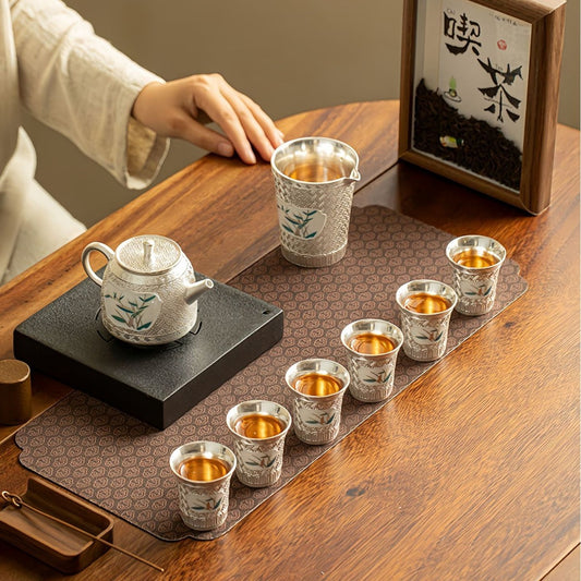 "Spring Banquet" Bamboo-Pattern & Silver-Plated Ceramic Kung Fu Tea Set – Complete Gift Box Set (Teapot, Cups, and Infuser) for Home and Office Use
