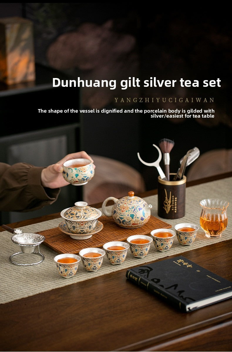 Premium Chinese-style Dunhuang-inspired silver-plated Kung Fu tea set; a high-end, vintage-style, "quiet luxury" gift box set suitable for brewing and enjoying tea—collector's grade.
