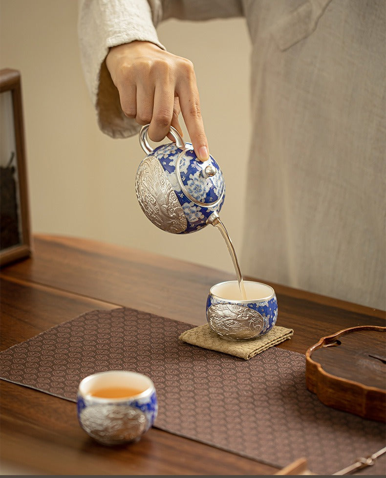 Silver-Gilt Dragon and Phoenix "Xishi" Teapot and Cups Set – Blue and White Porcelain (1 Pot, 2 Cups) – Kung Fu Tea Set / Home Tea Brewer – Gift Box