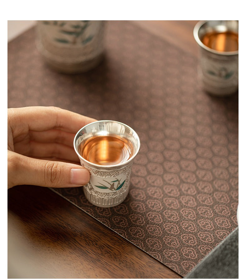 "Spring Banquet" Bamboo-Pattern & Silver-Plated Ceramic Kung Fu Tea Set – Complete Gift Box Set (Teapot, Cups, and Infuser) for Home and Office Use