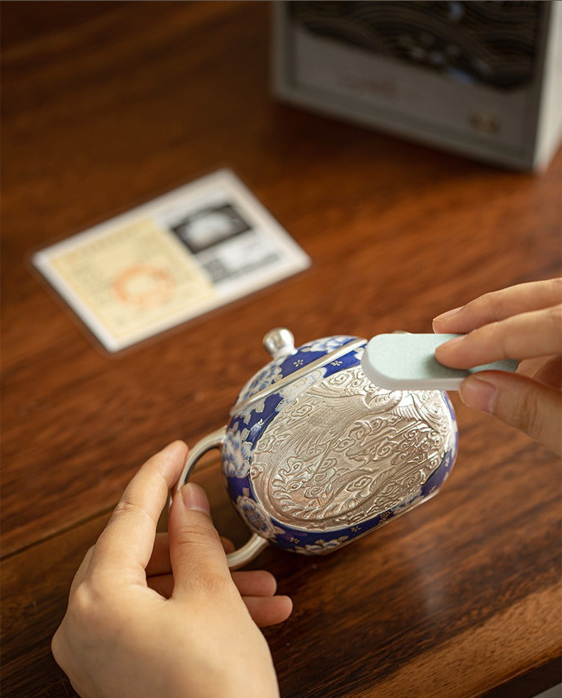 Silver-Gilt Dragon and Phoenix "Xishi" Teapot and Cups Set – Blue and White Porcelain (1 Pot, 2 Cups) – Kung Fu Tea Set / Home Tea Brewer – Gift Box