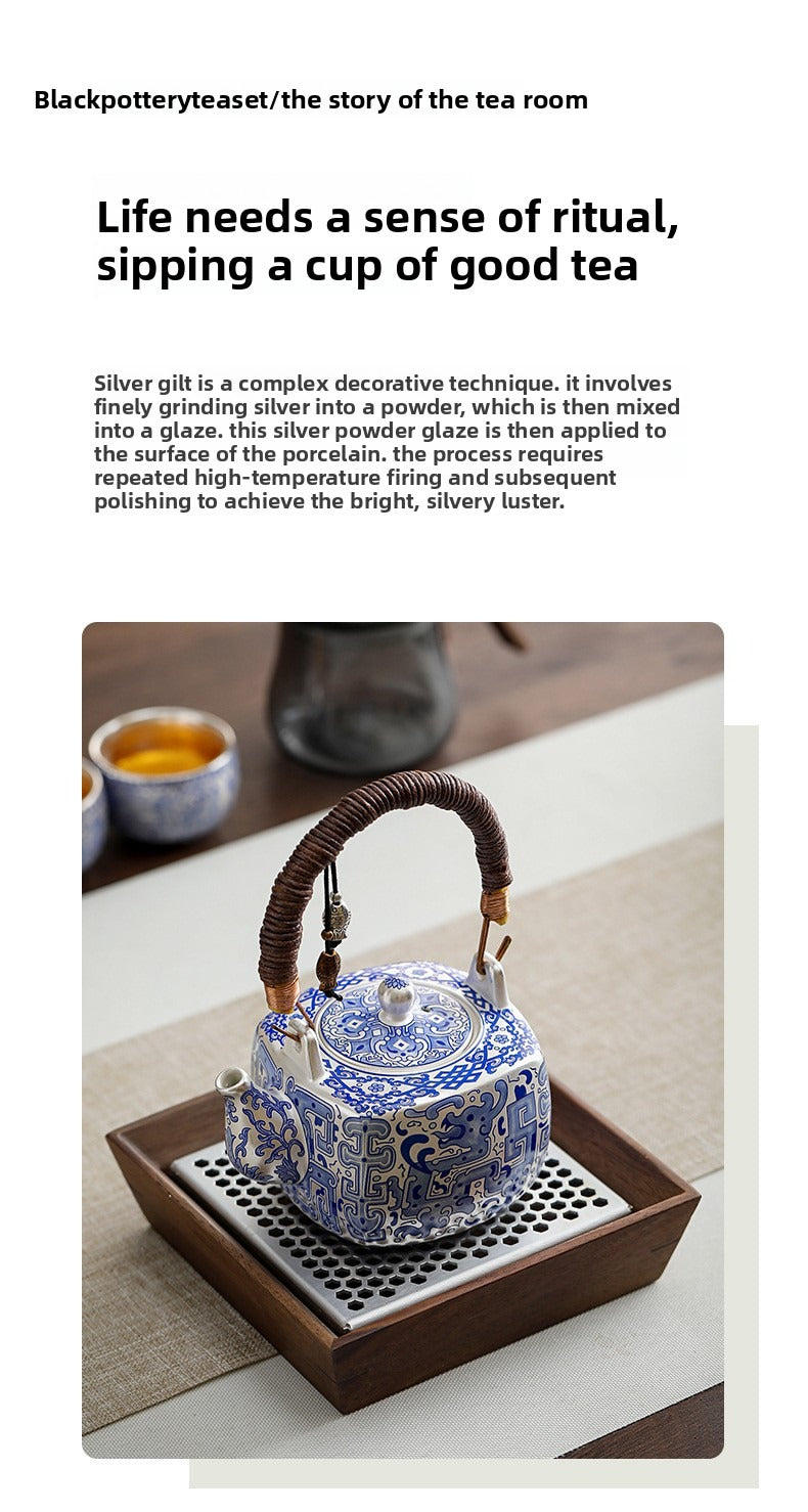 Handcrafted Blue-and-White Porcelain and Silver-Gilt Tea Set Gift Box – Premium Silver Kettle with Swing Handle – Ideal for Corporate Business Meetings and Events
