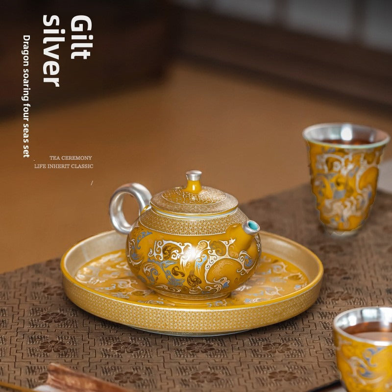 Premium "New Chinese Style" Silver-Plated Tea Set – Palace Museum & Dunhuang Cultural Creative Design – Ideal for Gongfu Tea, Elders, Superiors, or Housewarming Gifts