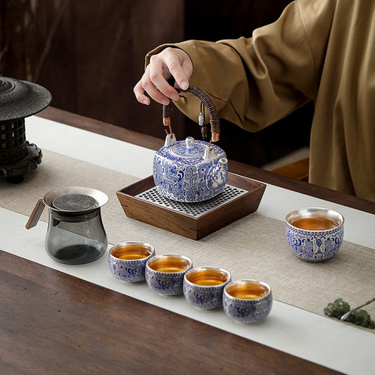 Handcrafted Blue-and-White Porcelain and Silver-Gilt Tea Set Gift Box – Premium Silver Kettle with Swing Handle – Ideal for Corporate Business Meetings and Events