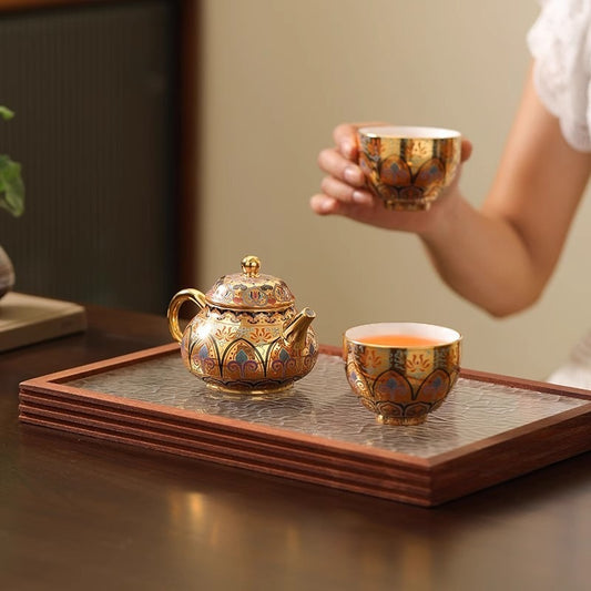 Premium Artisan-Crafted Tea Set (One Pot, Two Cups) Featuring Gilded Forbidden City & Dunhuang Cultural Motifs – Gift Box Set (Ideal Birthday Gift for Fathers or Elders)