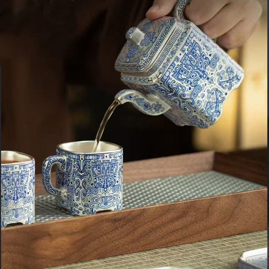 Premium Luxury Blue-and-White Tea Set (Gift Box): Square Pot with Silver-Gilt Taotie Motif and Two Cups – High-End Gongfu Tea Ware for Home Use