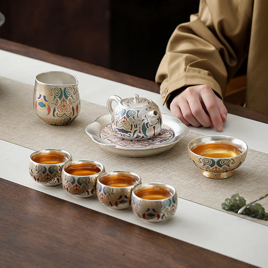 Chinese-Style "Forbidden City & Dunhuang" Themed Silver-Plated Kung Fu Tea Set – An Elegant Gift Set Featuring a Silver Pot; Ideal for Housewarmings or as a Gift for Superiors and Elders.