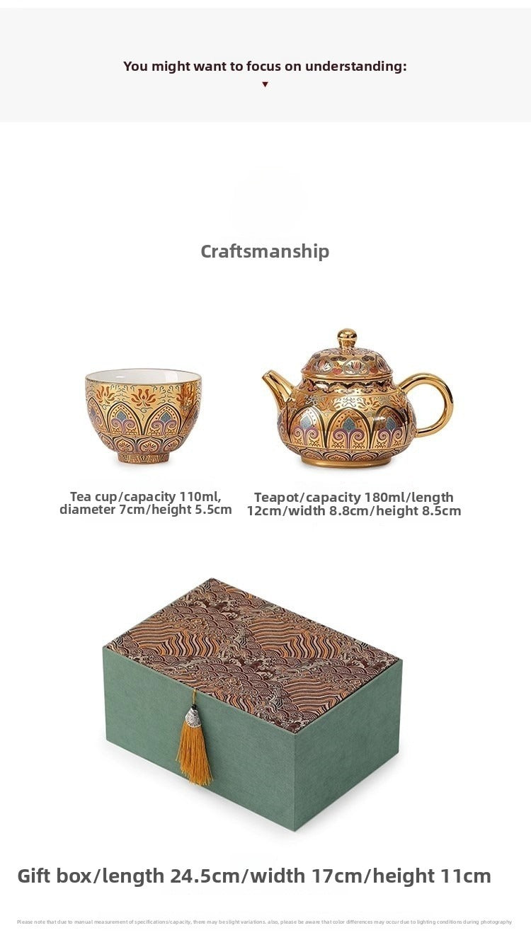 Premium Artisan-Crafted Tea Set (One Pot, Two Cups) Featuring Gilded Forbidden City & Dunhuang Cultural Motifs – Gift Box Set (Ideal Birthday Gift for Fathers or Elders)
