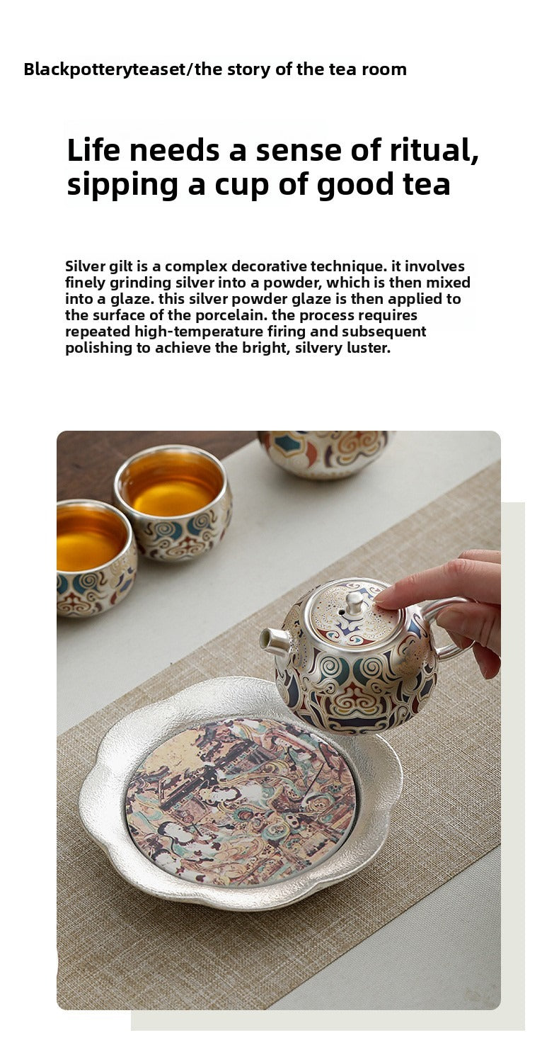 Chinese-Style "Forbidden City & Dunhuang" Themed Silver-Plated Kung Fu Tea Set – An Elegant Gift Set Featuring a Silver Pot; Ideal for Housewarmings or as a Gift for Superiors and Elders.
