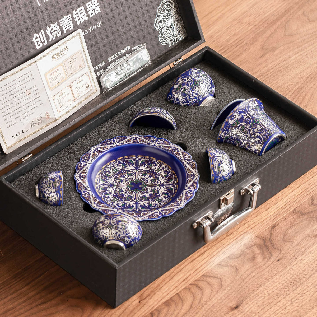 Silver-Plated Auspicious Dragon Kung Fu Tea Set – Premium, Affordable Luxury Style (Blue & Silver Finish) – Includes Gaiwan and Tea Cups – Gift Box – Ideal for Elders