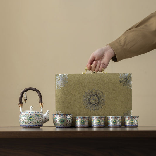 Premium Silver-Gilt Enamel Kung Fu Tea Set (1 Pot, 4 Cups) – Ideal Gift for Elders, Superiors, or Business Associates