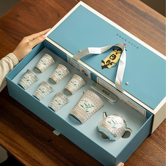 "Spring Banquet" Bamboo-Pattern & Silver-Plated Ceramic Kung Fu Tea Set – Complete Gift Box Set (Teapot, Cups, and Infuser) for Home and Office Use