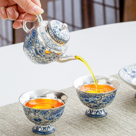 Hand-painted "Intertwining Lotus" Palace Lantern-style Teapot and Cup Set: Premium Porcelain Body with Silver Gilt Accents – Home Gongfu Tea Set