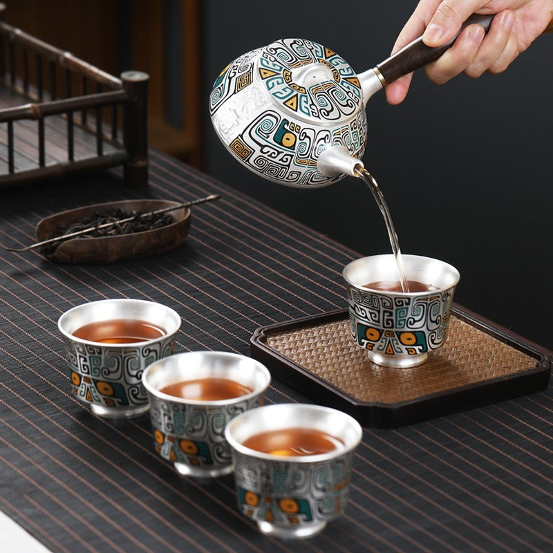 Master-Crafted Portable Japanese-Style Tea Set (1 Pot, 4 Cups) – Pure Silver & Ceramic with Taotie Motif – Suitable for Home & Travel
