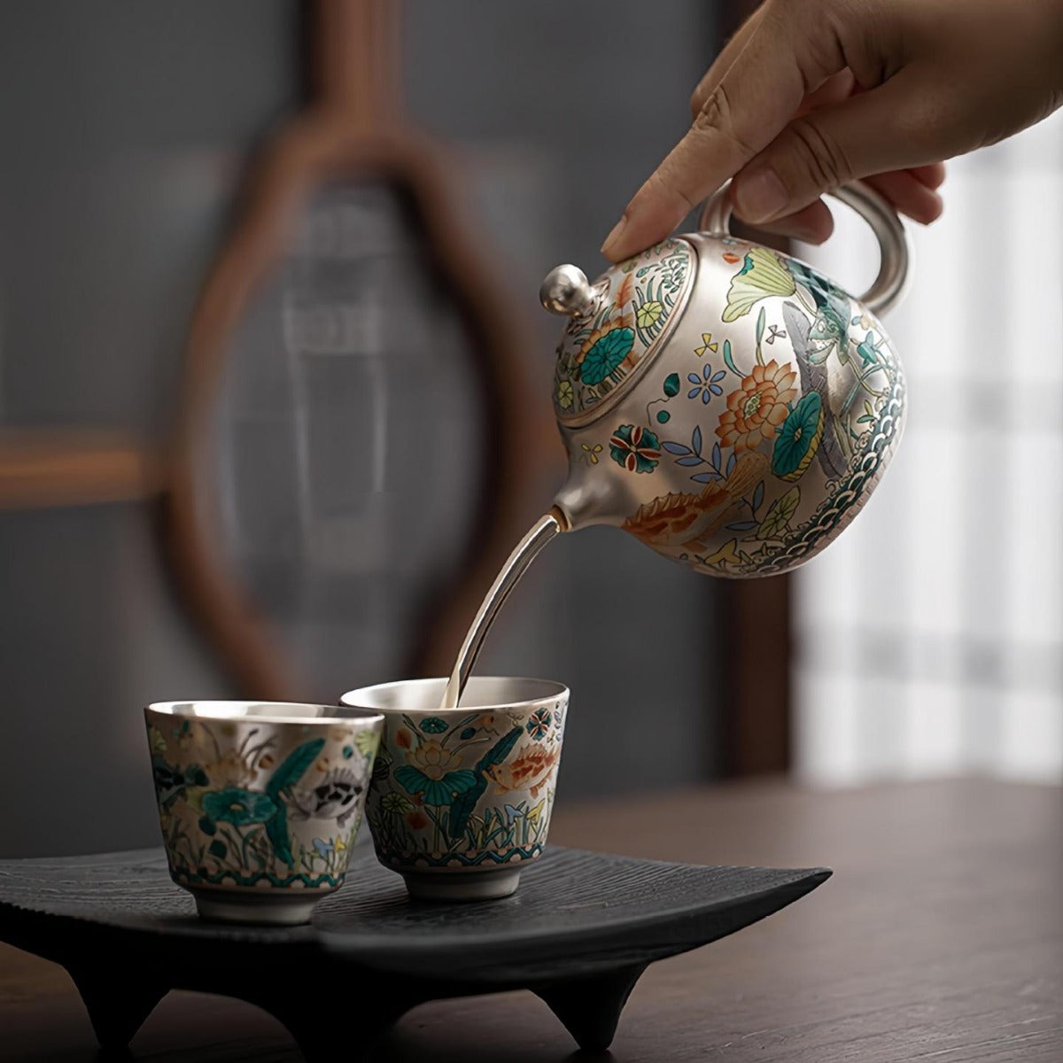 Silver-Gilt Enamel Kung Fu Tea Set (Fish and Aquatic Plant Motif) – 1 Teapot & 2 Cups – Gift Box Set for Home or Office