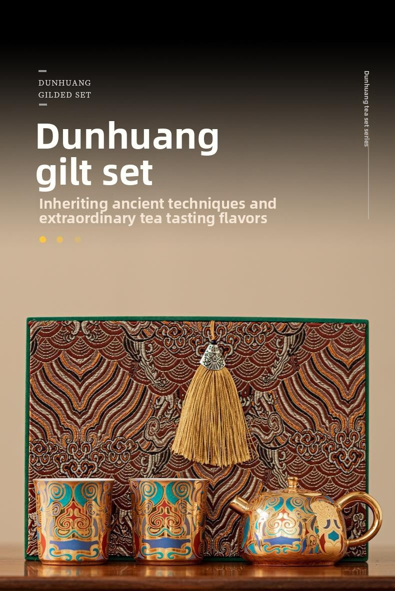 Artisan-Crafted Dunhuang-Inspired Gilded Tea Set (1 Teapot & 2 Cups) – Gift-Boxed Souvenir Set