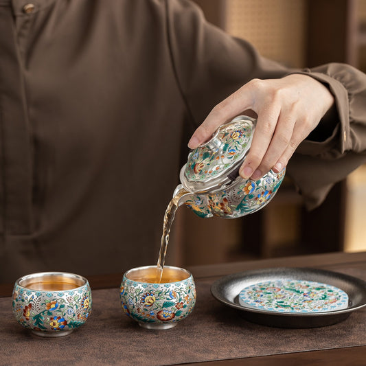 Forbidden City & Dunhuang-Inspired Silver-Plated Kung Fu Tea Set (1 Pot, 4 Cups) – Premium Gift for Elders or Teachers