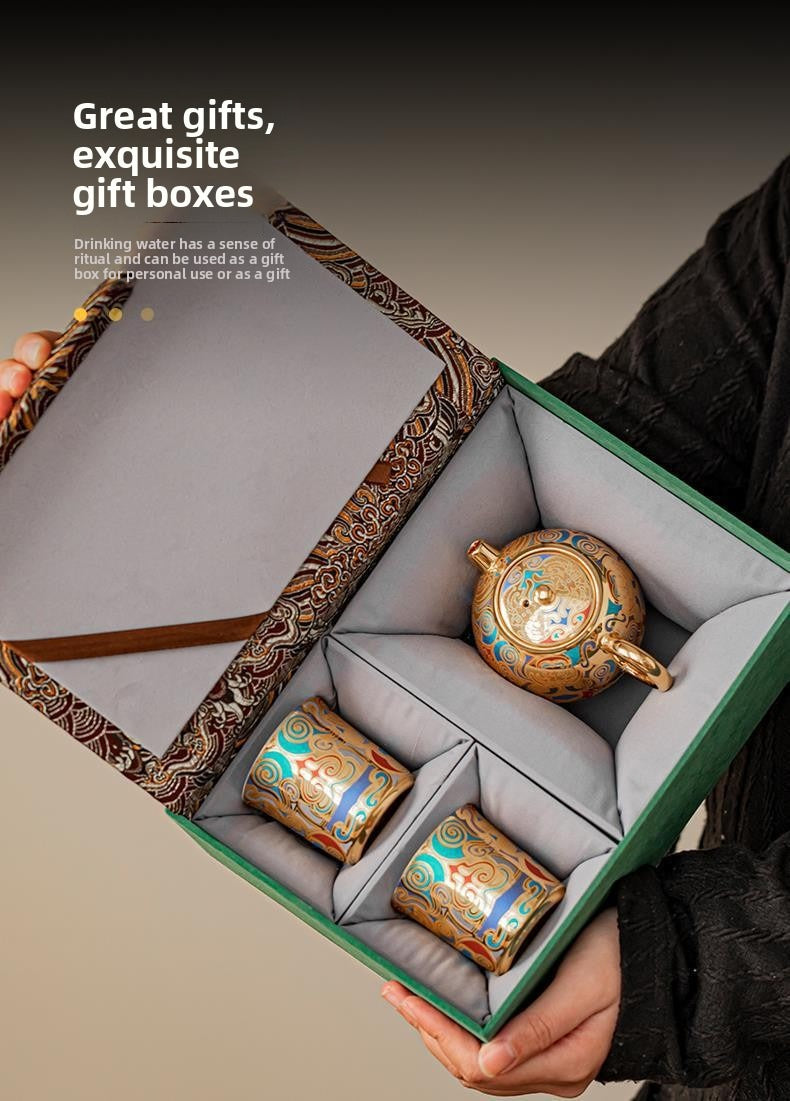 Artisan-Crafted Dunhuang-Inspired Gilded Tea Set (1 Teapot & 2 Cups) – Gift-Boxed Souvenir Set