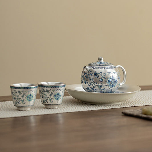 Silver-Plated Ceramic Gongfu Tea Set (1 Pot, 2 Cups) – Gift Box Set Suitable for Elders, Superiors, Fathers, and Teachers