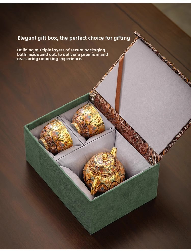 Premium Artisan-Crafted Tea Set (One Pot, Two Cups) Featuring Gilded Forbidden City & Dunhuang Cultural Motifs – Gift Box Set (Ideal Birthday Gift for Fathers or Elders)