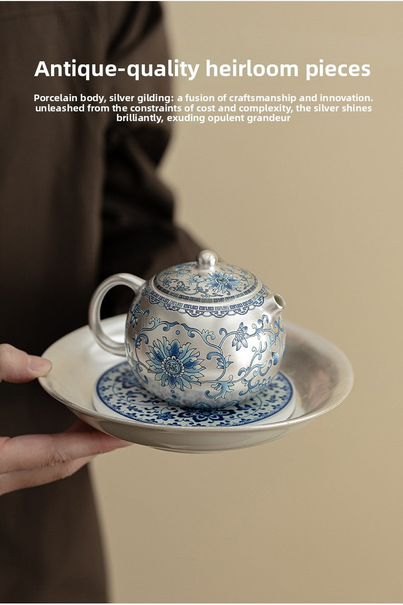 Silver-Plated Ceramic Gongfu Tea Set (1 Pot, 2 Cups) – Gift Box Set Suitable for Elders, Superiors, Fathers, and Teachers