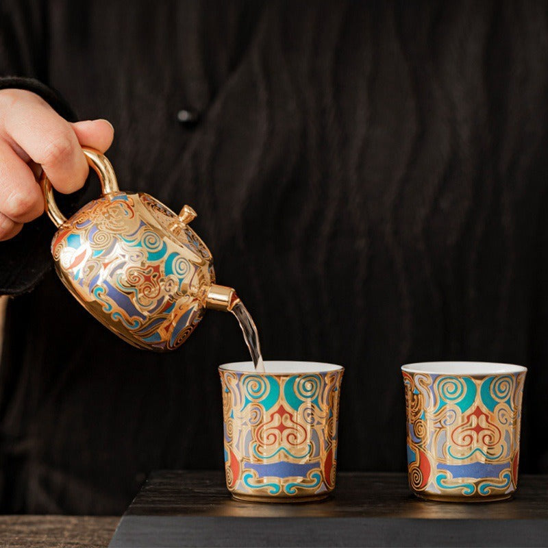 Artisan-Crafted Dunhuang-Inspired Gilded Tea Set (1 Teapot & 2 Cups) – Gift-Boxed Souvenir Set