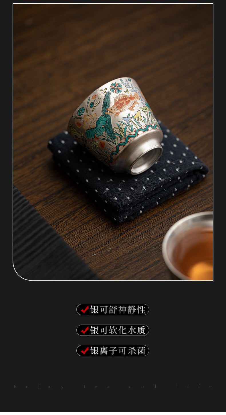 Silver-Gilt Enamel Kung Fu Tea Set (Fish and Aquatic Plant Motif) – 1 Teapot & 2 Cups – Gift Box Set for Home or Office