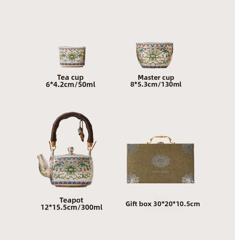 Premium Silver-Gilt Enamel Kung Fu Tea Set (1 Pot, 4 Cups) – Ideal Gift for Elders, Superiors, or Business Associates