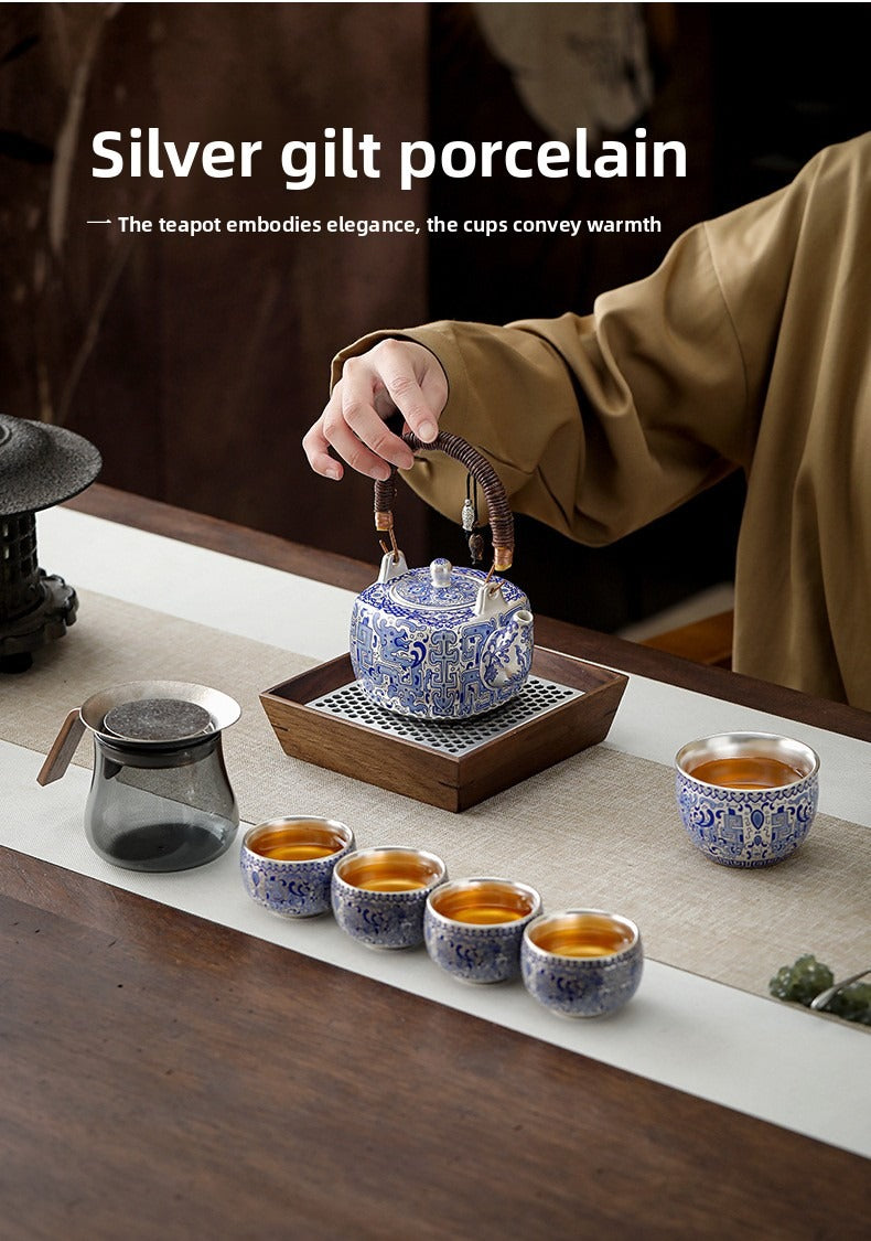 Handcrafted Blue-and-White Porcelain and Silver-Gilt Tea Set Gift Box – Premium Silver Kettle with Swing Handle – Ideal for Corporate Business Meetings and Events