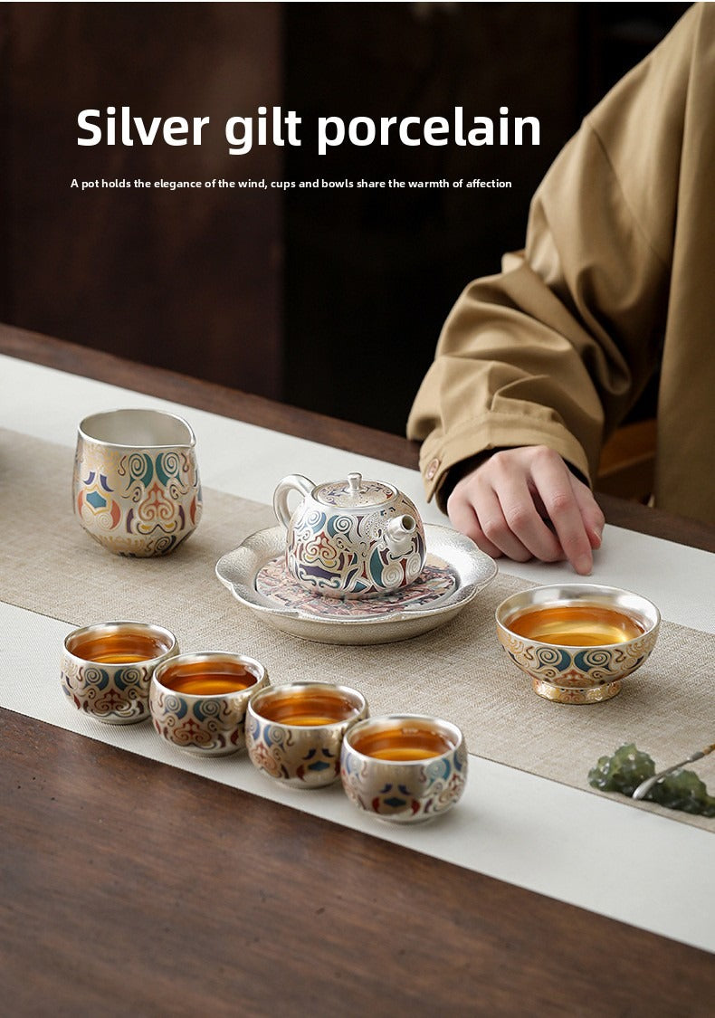 Chinese-Style "Forbidden City & Dunhuang" Themed Silver-Plated Kung Fu Tea Set – An Elegant Gift Set Featuring a Silver Pot; Ideal for Housewarmings or as a Gift for Superiors and Elders.