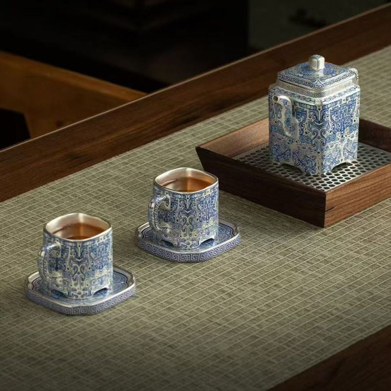 Premium Luxury Blue-and-White Tea Set (Gift Box): Square Pot with Silver-Gilt Taotie Motif and Two Cups – High-End Gongfu Tea Ware for Home Use
